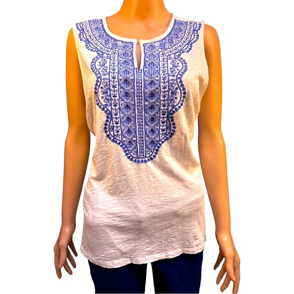 Talbots White and Blue Boho Cotton Tank Large - Picture 2 of 6